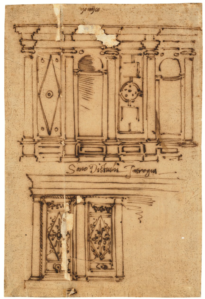 Duvar dekorasyonu için tasarım (yağlı aydınger kağıdı üzerine kalem ve kahverengi mürekkep) by Raffaello da Montelupo