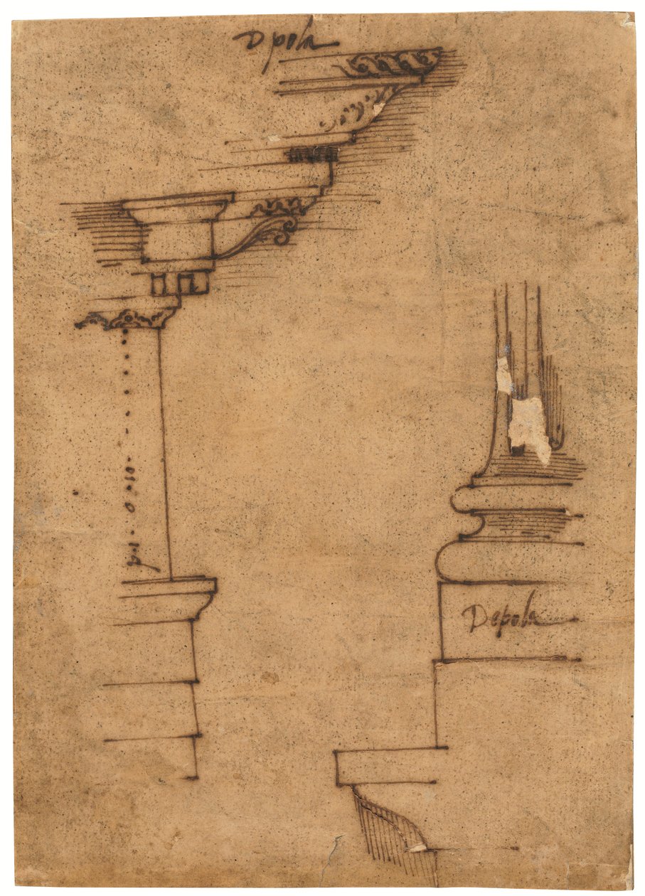 Bir entablatür ve kaide kaidesi tasarımı (kalem ve kahverengi mürekkep, yağlı aydınger kağıdı üzerine) by Raffaello da Montelupo
