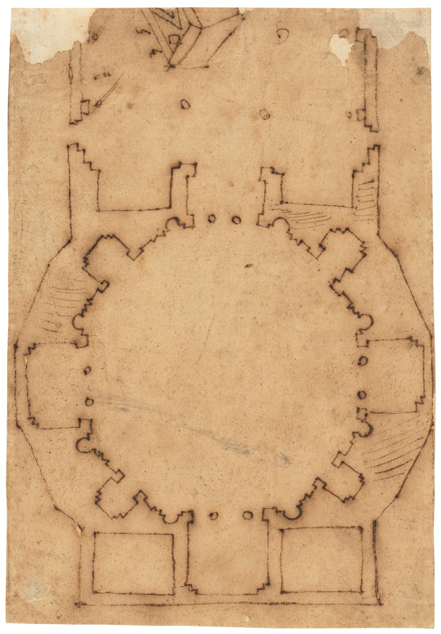 Bir kilisenin zemin planı (kalem ve kahverengi mürekkep, yağlı aydınger kağıdı üzerine) by Raffaello da Montelupo