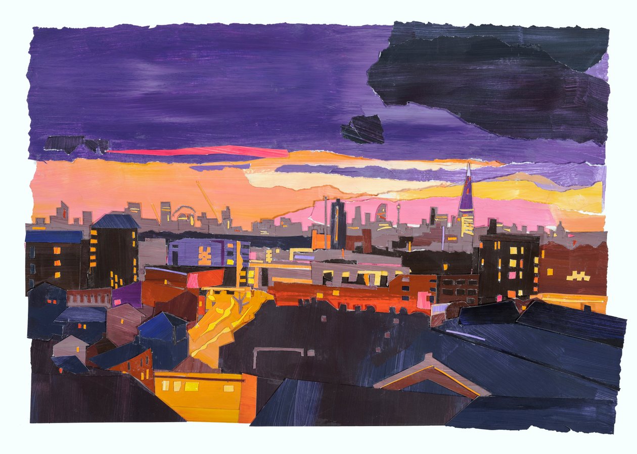 Londra Üzerindeki Çatılar, 2022 (kağıt üzerine akrilik ve kolaj) by Raina Goran