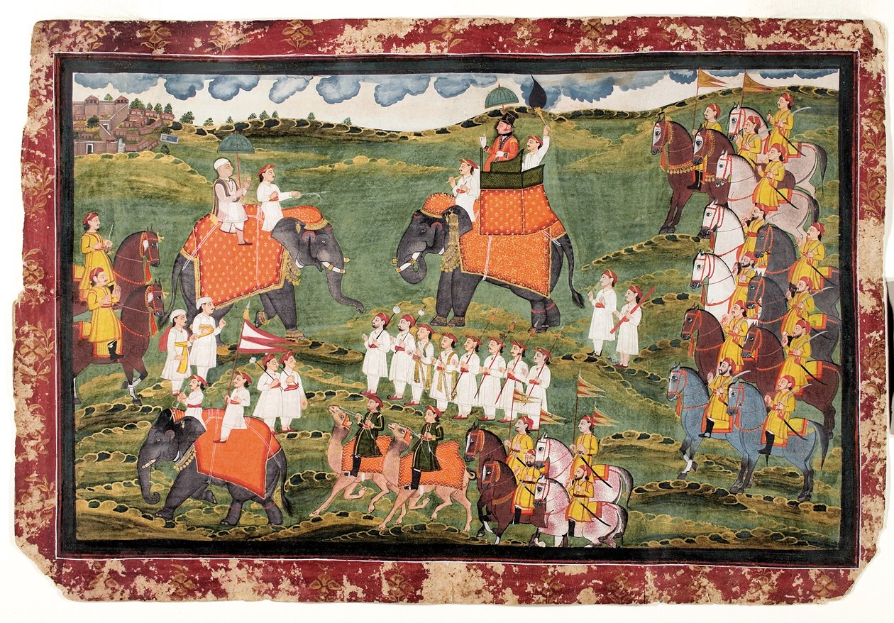 Albay James Tod ve Guru Gyanchandra, Udaipur yakınlarında fillere binerken, Ekim 1822 by Rajasthani School