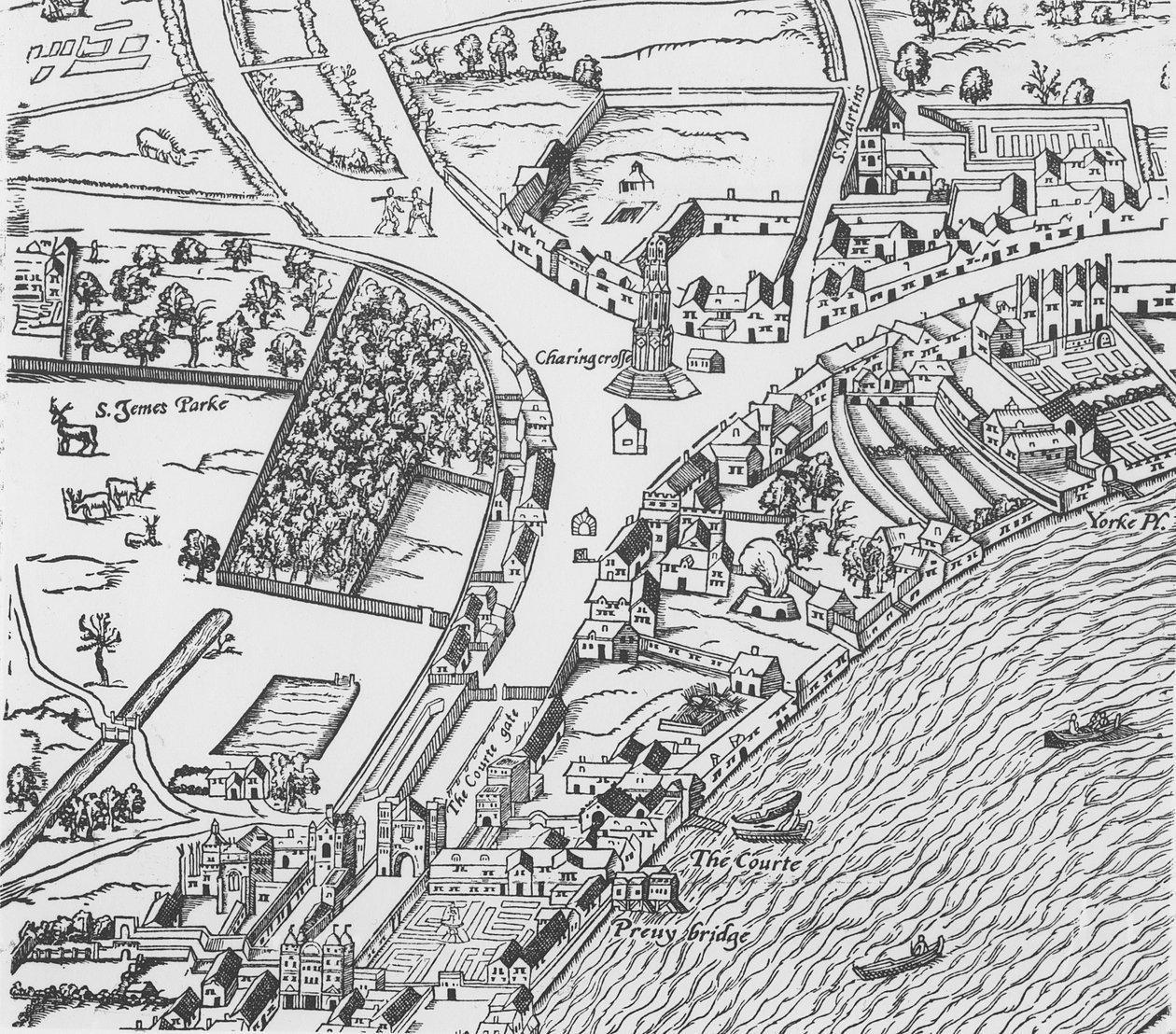 Detail of Charing Cross from Civitas Londinium (woodblock print) by Ralph Agas