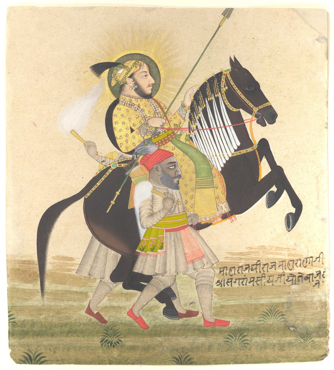 Maharana Sangram Singh Ödül Aygırı Biniyor, c.1712 (mürekkep, opak suluboya, kağıt üzerinde altın ve Basra incileri) by Ram Jai