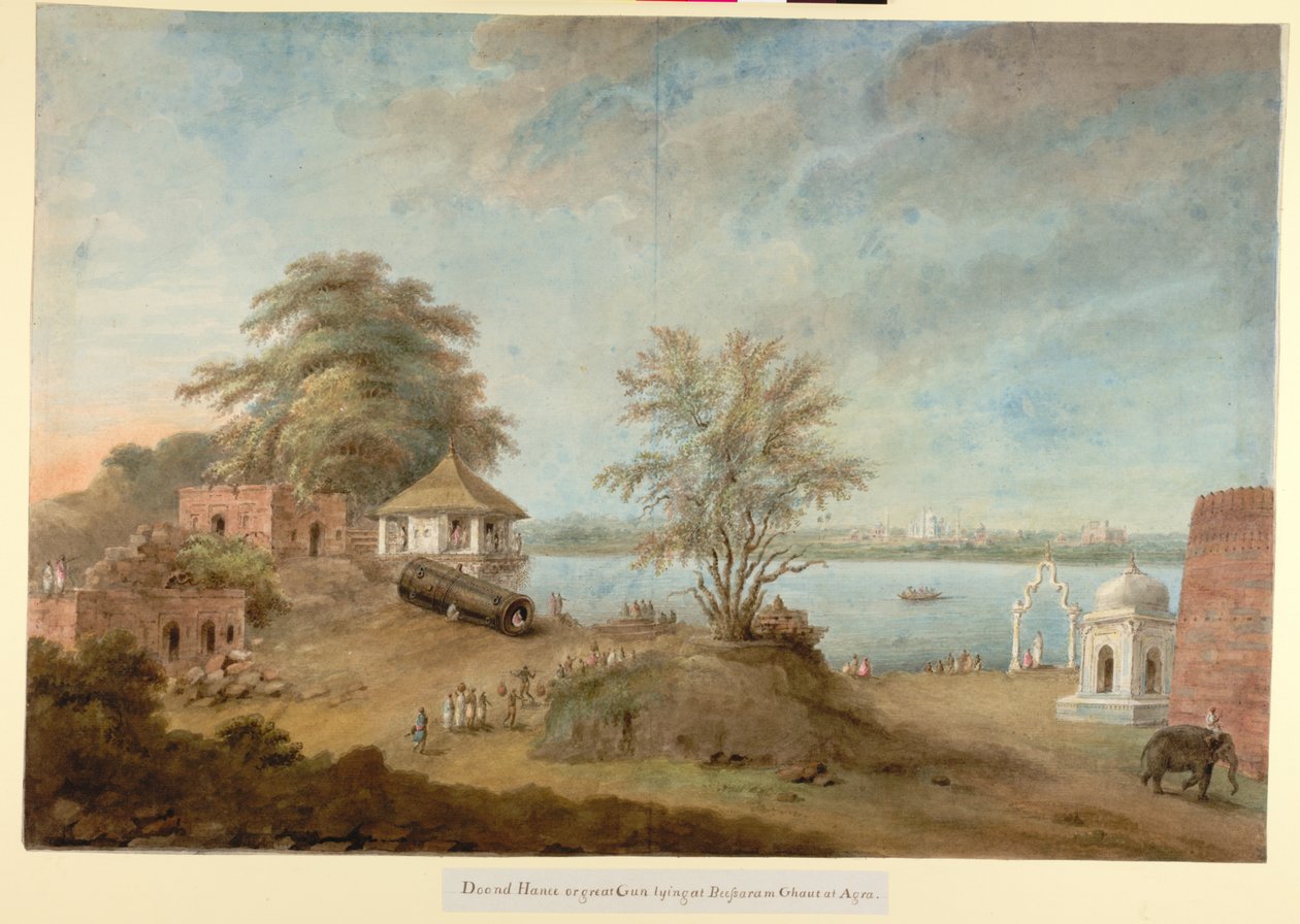 Kale duvarının yanında yatan Büyük Agra Silahı, 1814-15 dolayları (kağıt üzerine sulu boya) by Ram Sita