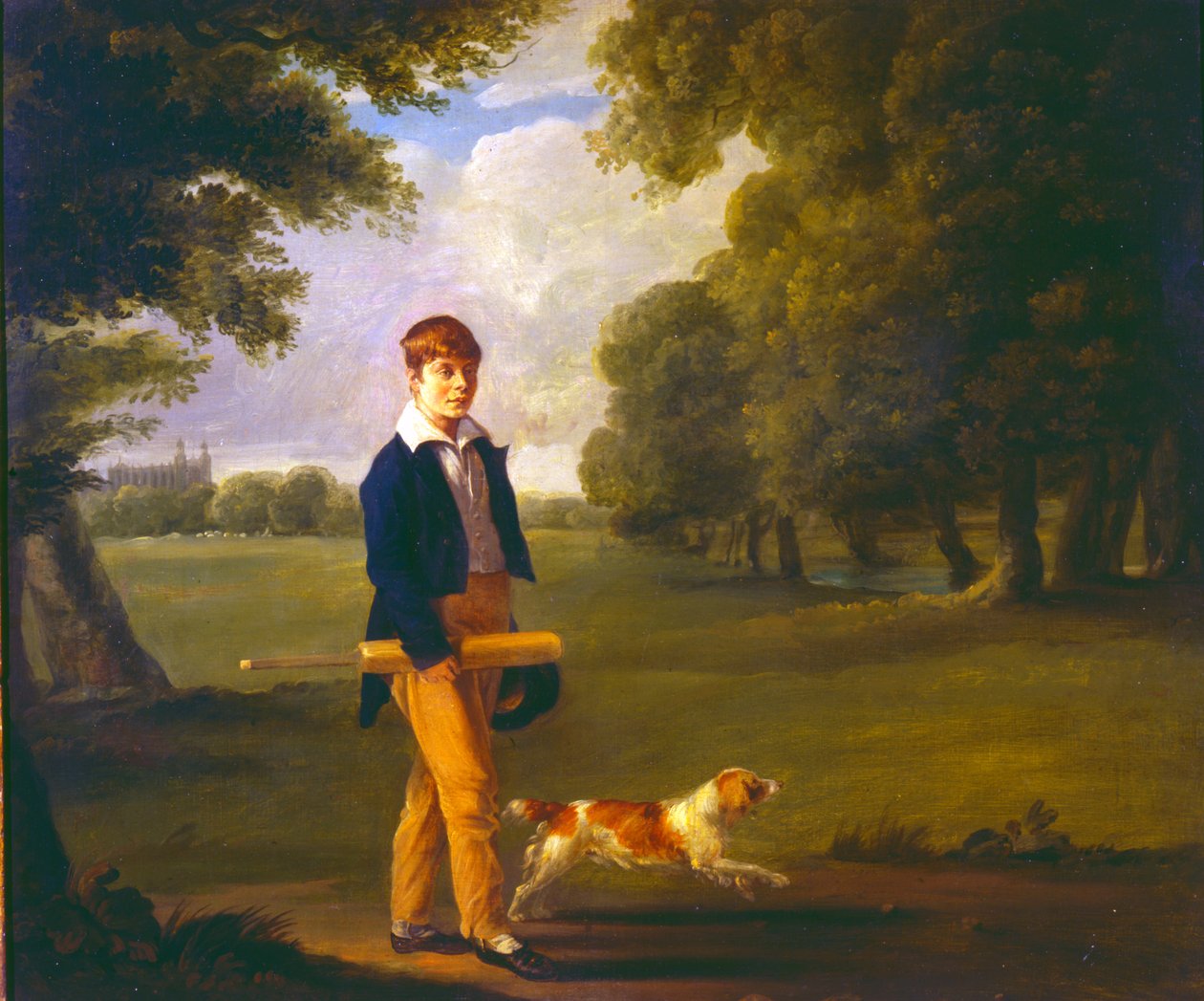 Kriket Sopası Olan Genç Adam Eton Kolejinin Arazisinde Bir Spaniel Yürüyor by Ramsay Richard Reinagle