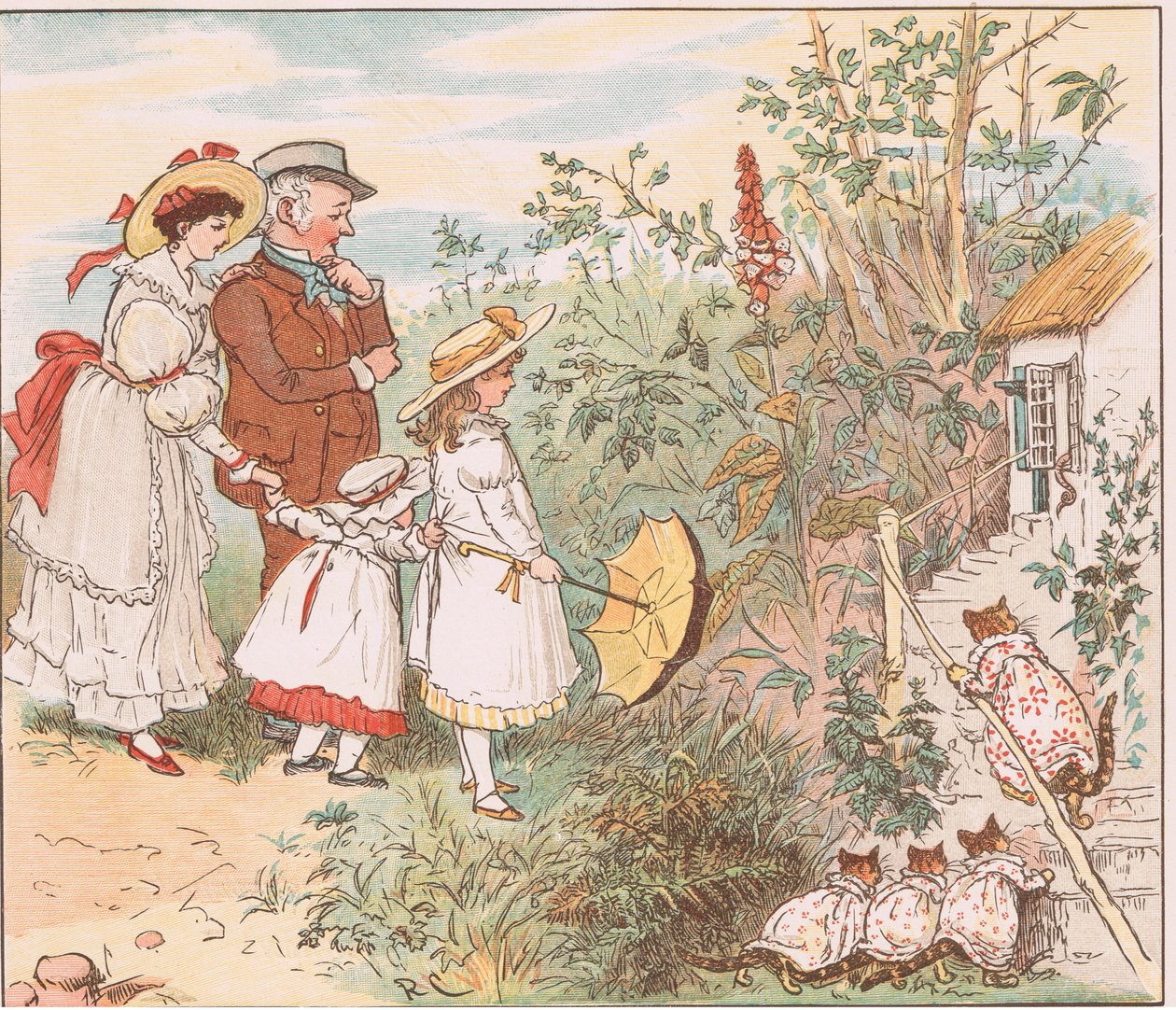 Bir kedi ve yavruları yuvarlanarak geldi by Randolph Caldecott