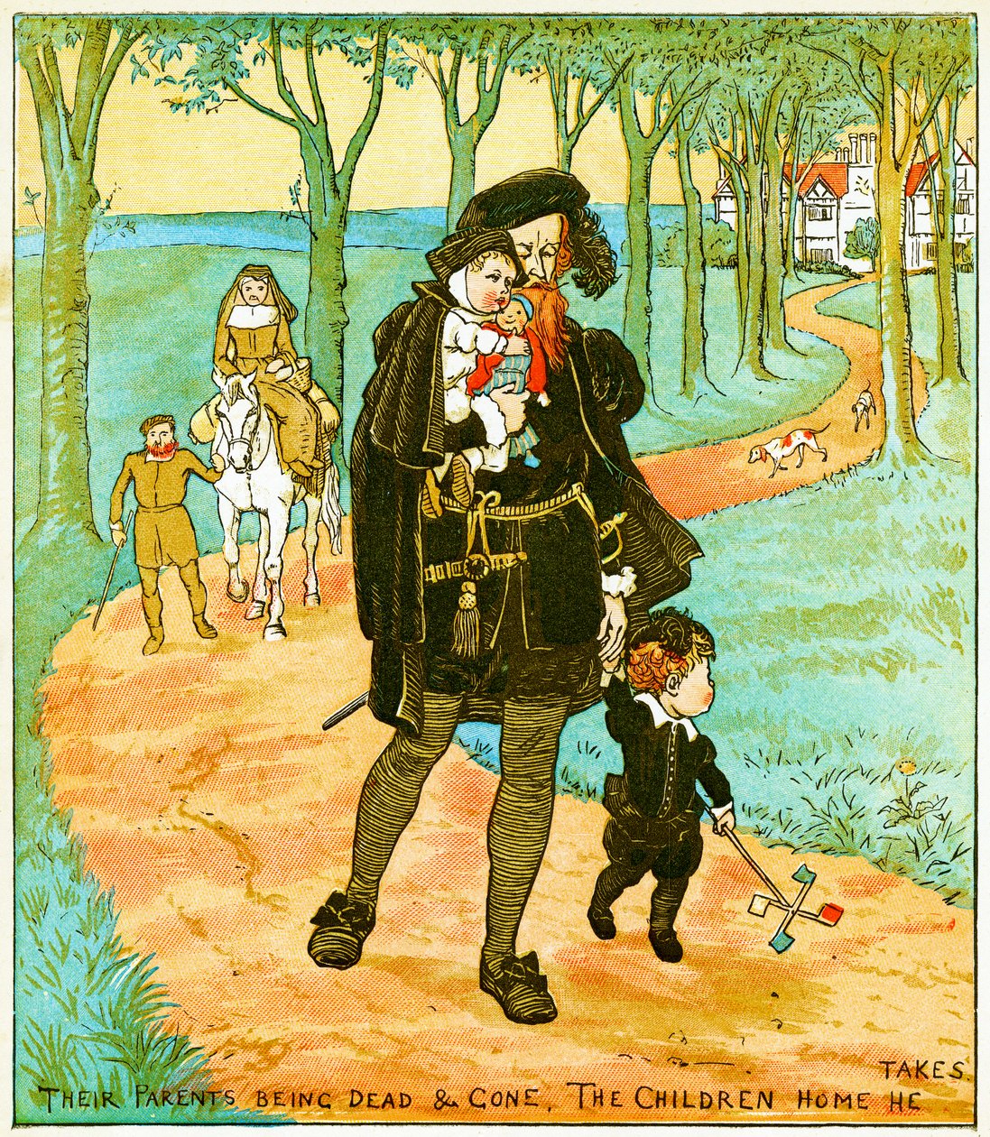 "Anne baba ölüp gitmiş, çocukları eve götürüyor", Babes in the Wood için illüstrasyon, 1885 by Randolph Caldecott