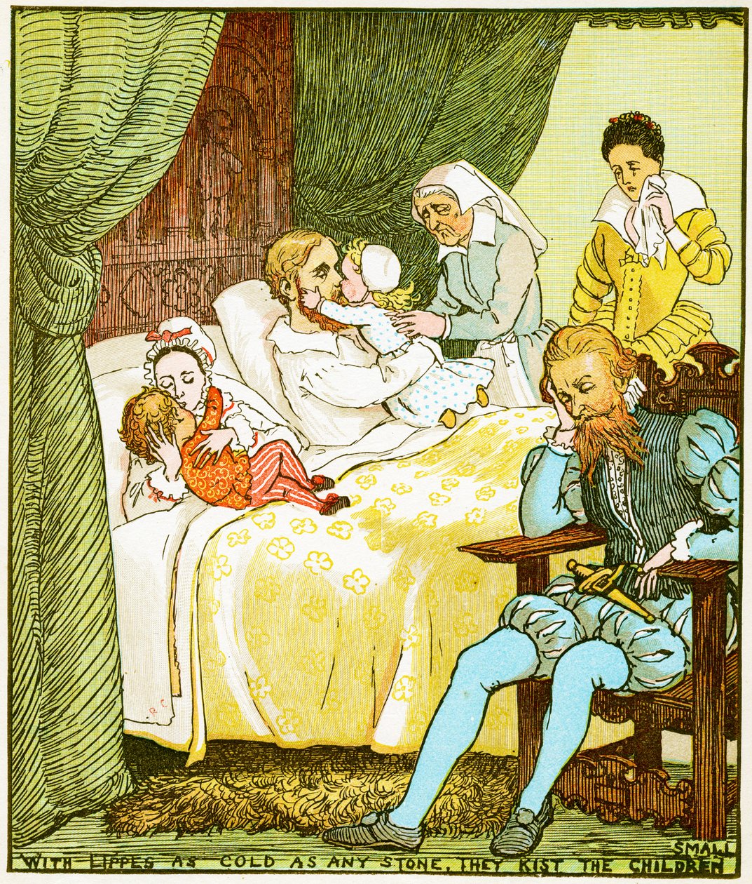 Dudakları herhangi bir taş kadar soğuk, çocukları küçük öpüyorlar, Ormandaki Babes için illüstrasyon, 1885 by Randolph Caldecott