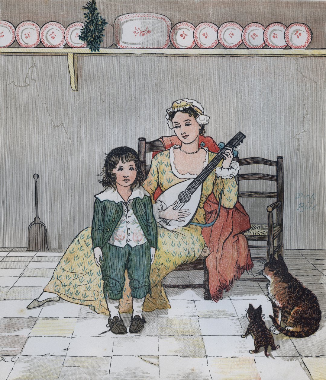 Oliver Goldsmith'in Deli Bir Köpeğin Ölümü Üzerine Bir Ağıt. Usta Bill Primrose hikayeyi söylemeye hazırlanıyor. Randolph Caldecott'un çizimi by Randolph Caldecott