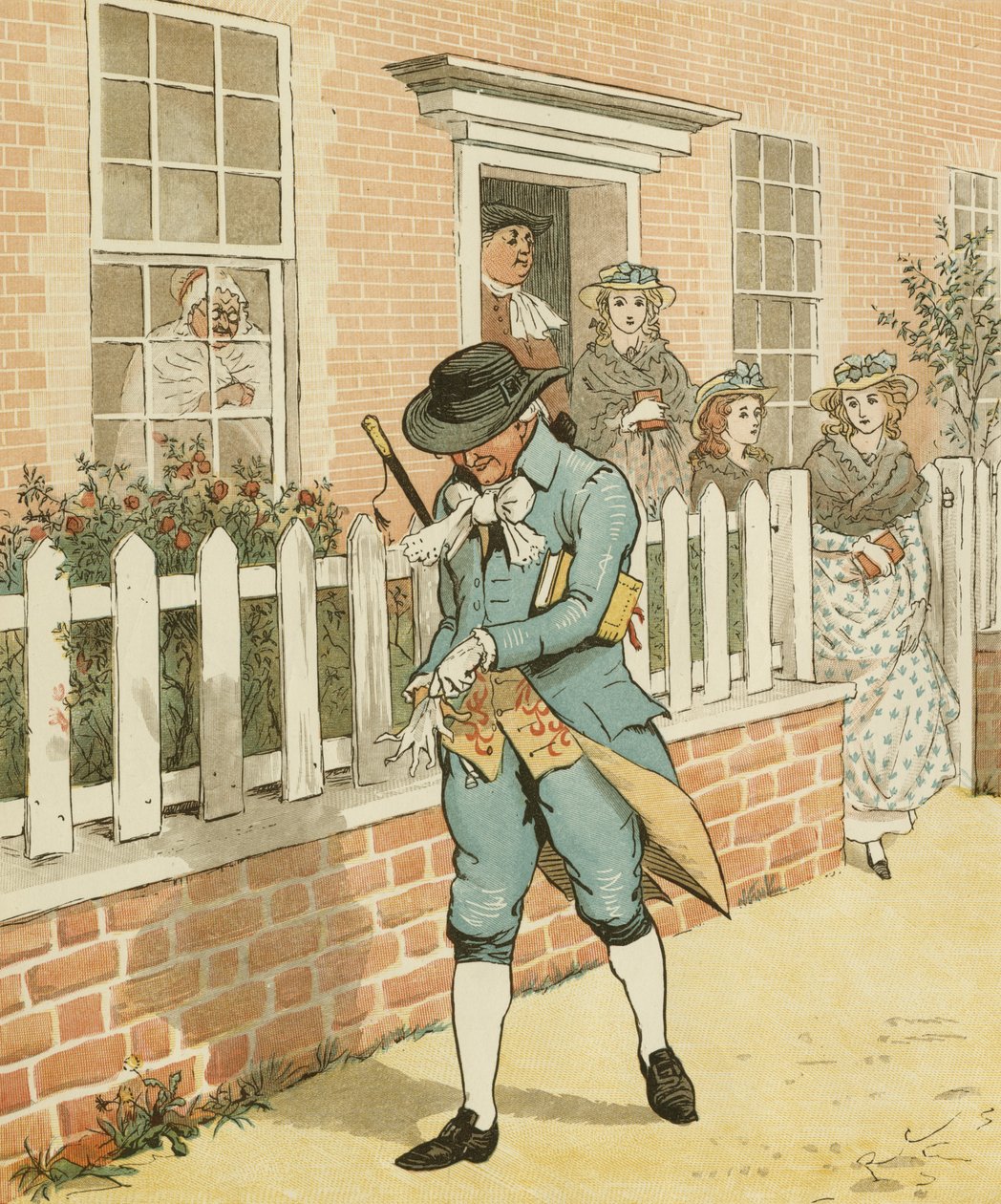 Oliver Goldsmith'in Deli Bir Köpeğin Ölümü Üzerine Bir Ağıt. Islington'ın iyi adamı kiliseye doğru yola çıkıyor. Randolph Caldecott'un çizimi by Randolph Caldecott
