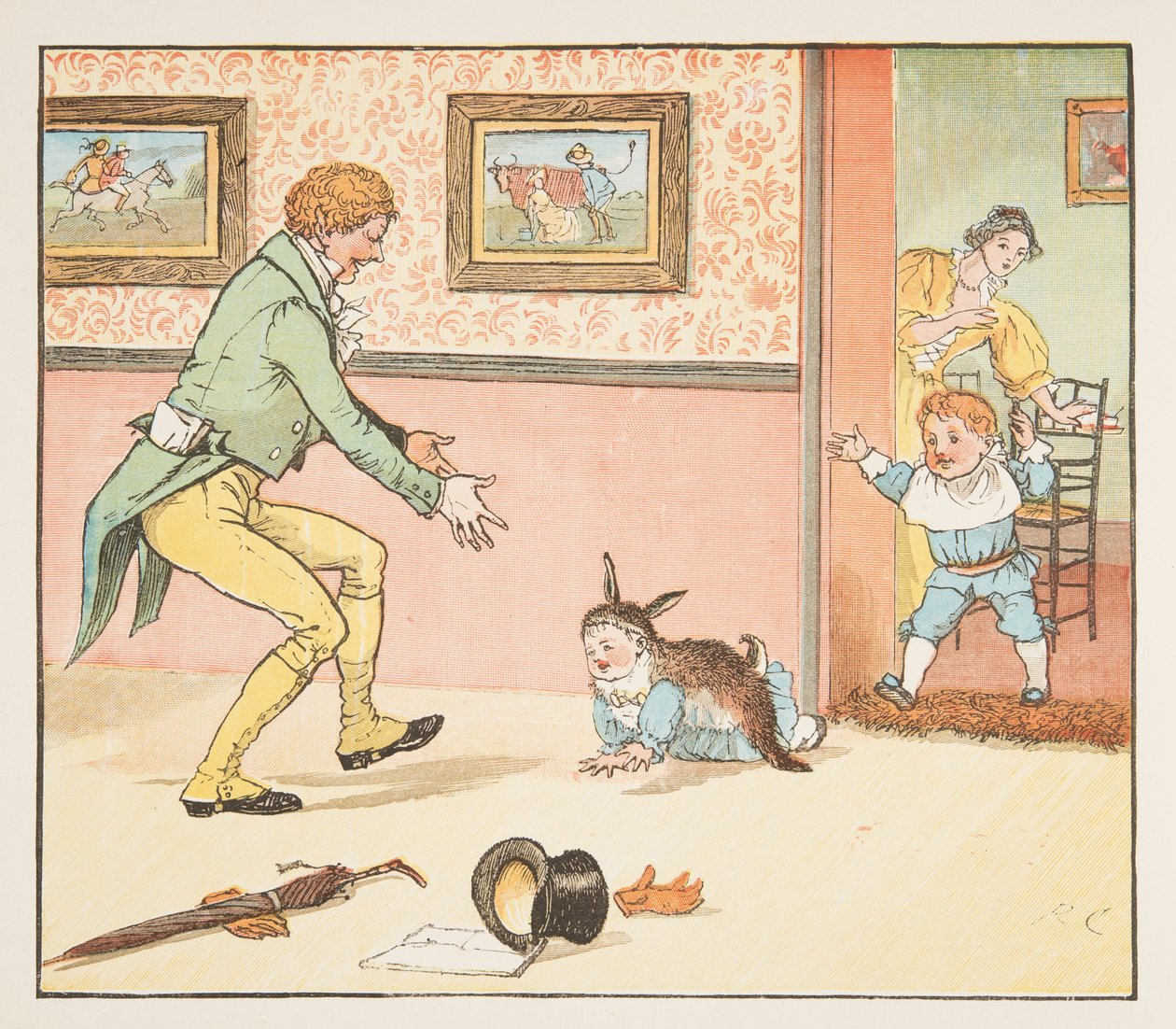 Tavşan Derisine sarılı Bebek Kiraz Kuşu, The Hey Diddle Diddle Resimli Kitaptan, pub.1882 (renkli gravür) by Randolph Caldecott