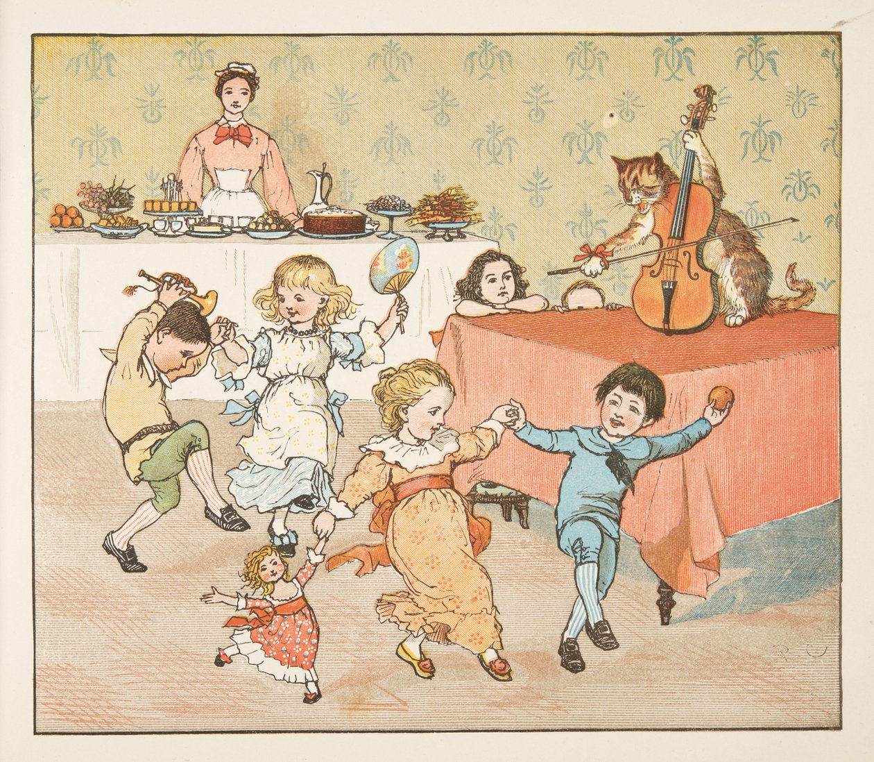 Hey, diddle, diddle, The Hey Diddle Diddle Resimli Kitaptan, pub.1882 (renkli gravür) by Randolph Caldecott
