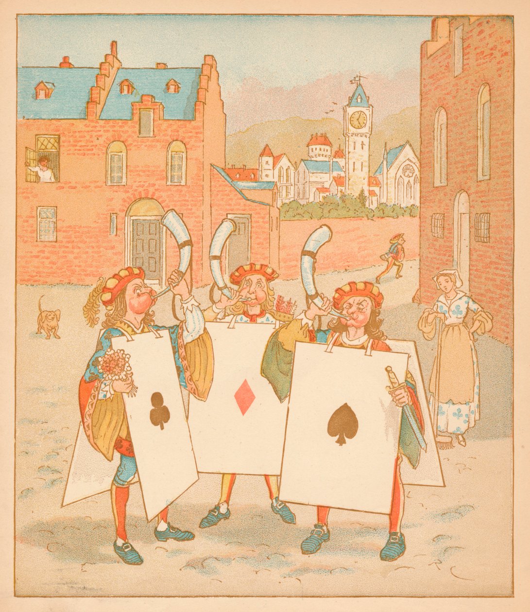 Korna üfleyiciler, iskambil kâğıtları giyiyor, 1880. by Randolph Caldecott