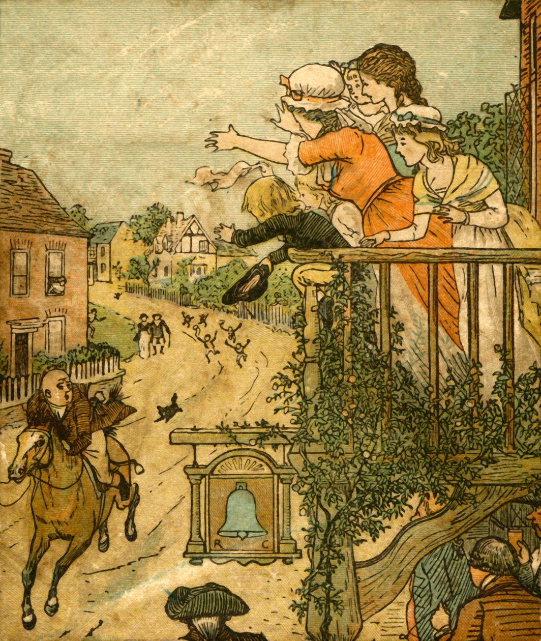 John Gilpin, karısı ve çocukları balkondan el sallarken, 1878, c1918, Bell Inn