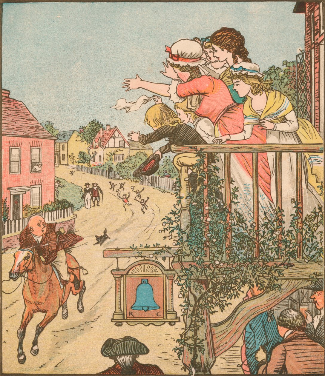 John Gilpin, karısı ve çocukları balkondan el sallarken, 1878, c1918, Bell Inn