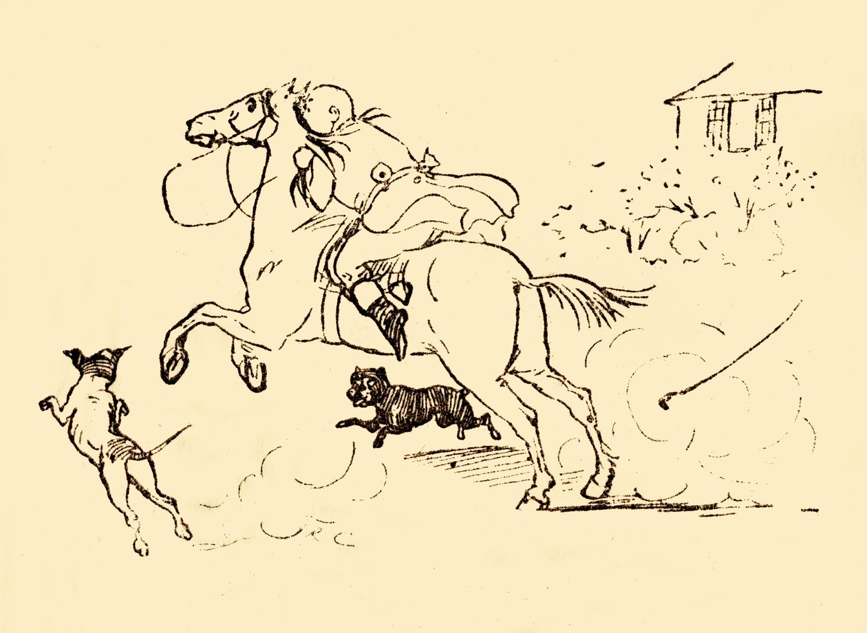 John Gilpin, atı kontrolden çıktığında köpekler tarafından kovalanır, 1878, c1918. by Randolph Caldecott