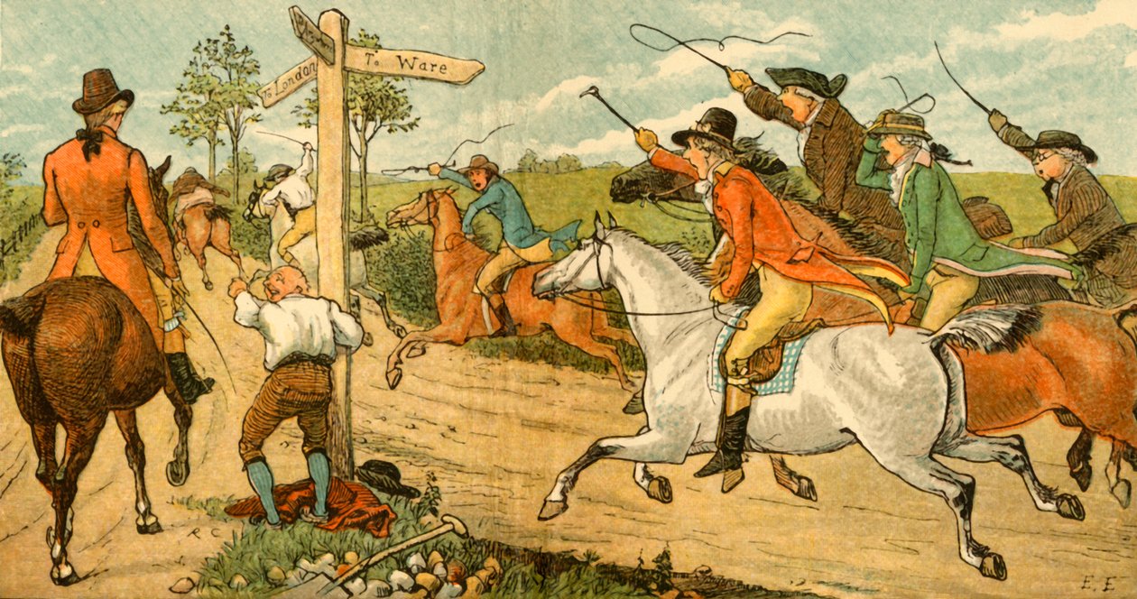 John Gilpin yoldan geçenler tarafından kovalanan atının üzerinde, 1878, c1918. by Randolph Caldecott