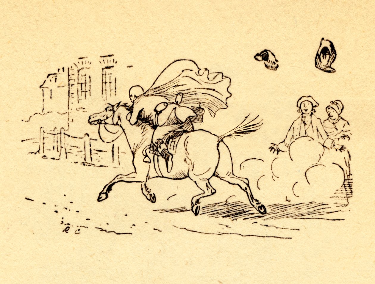 John Gilpins at cıvataları ve şapkası ve peruğu havaya uçtu, 1878, c1918. by Randolph Caldecott