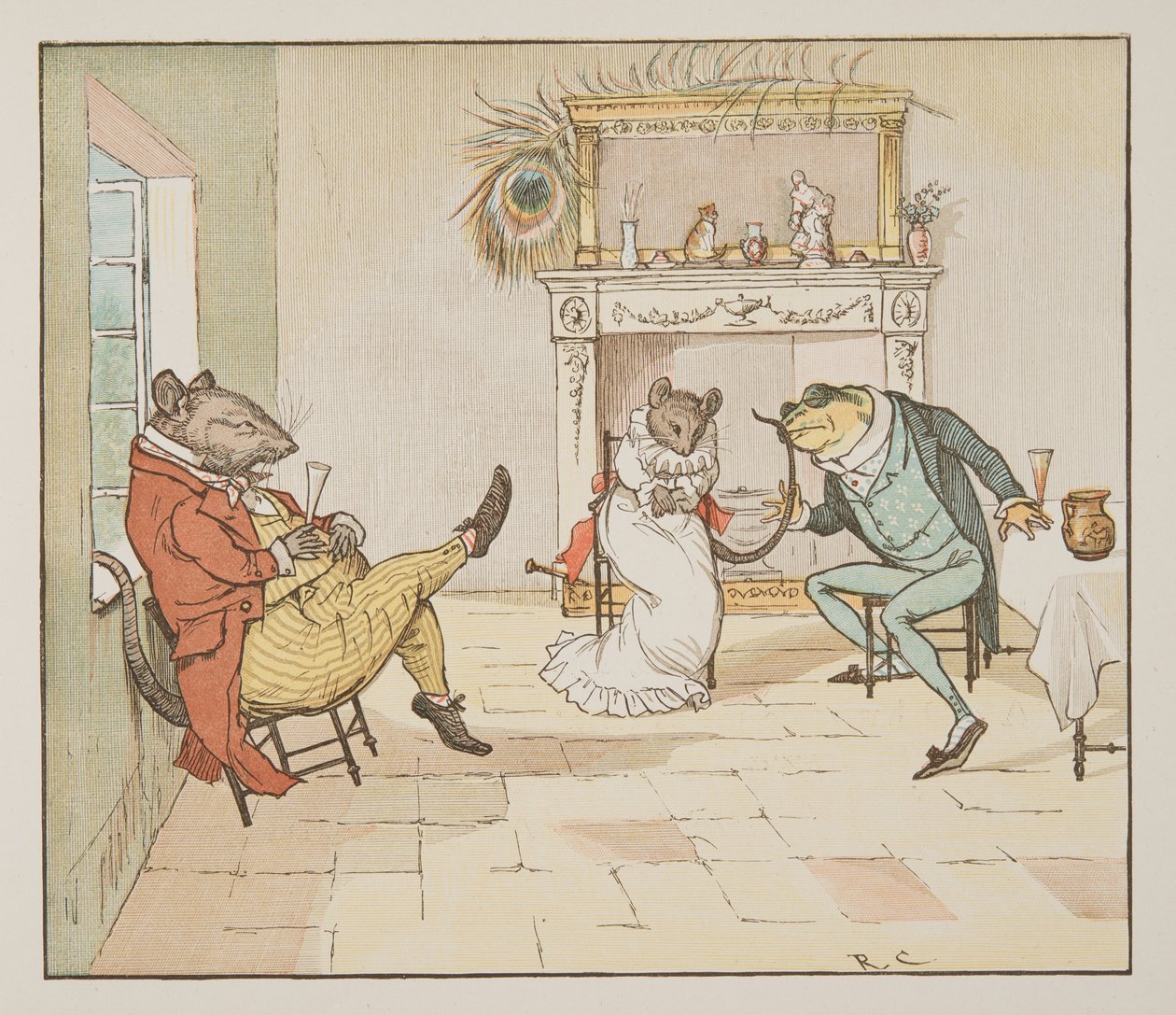 "Dua edin, Bay Kurbağa, bize bir Şarkı söyler misiniz?", The Hey Diddle Diddle Picture Book, pub.1882 (renkli gravür) by Randolph Caldecott
