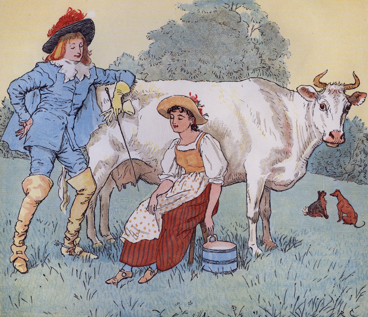 Seninle evleneyim mi, Güzel Hizmetçim?' Tekerleme “Sütçü Kız” için Randolph Caldecott tarafından yapılan illüstrasyon. by Randolph Caldecott