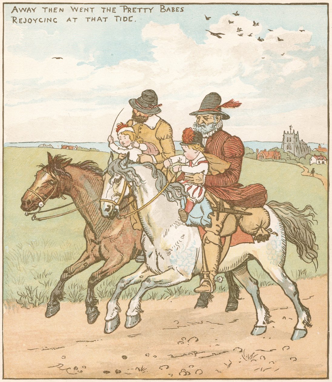 Ormandaki Babes (veya Çocuklar). Yetim Hatunlar, kötü amca tarafından kiralanan kabadayılar tarafından öldürülmek üzere kaçırıldı. c1600 baladı için Randolph Caldecott (1846-86) tarafından yapılan illüstrasyon. by Randolph Caldecott
