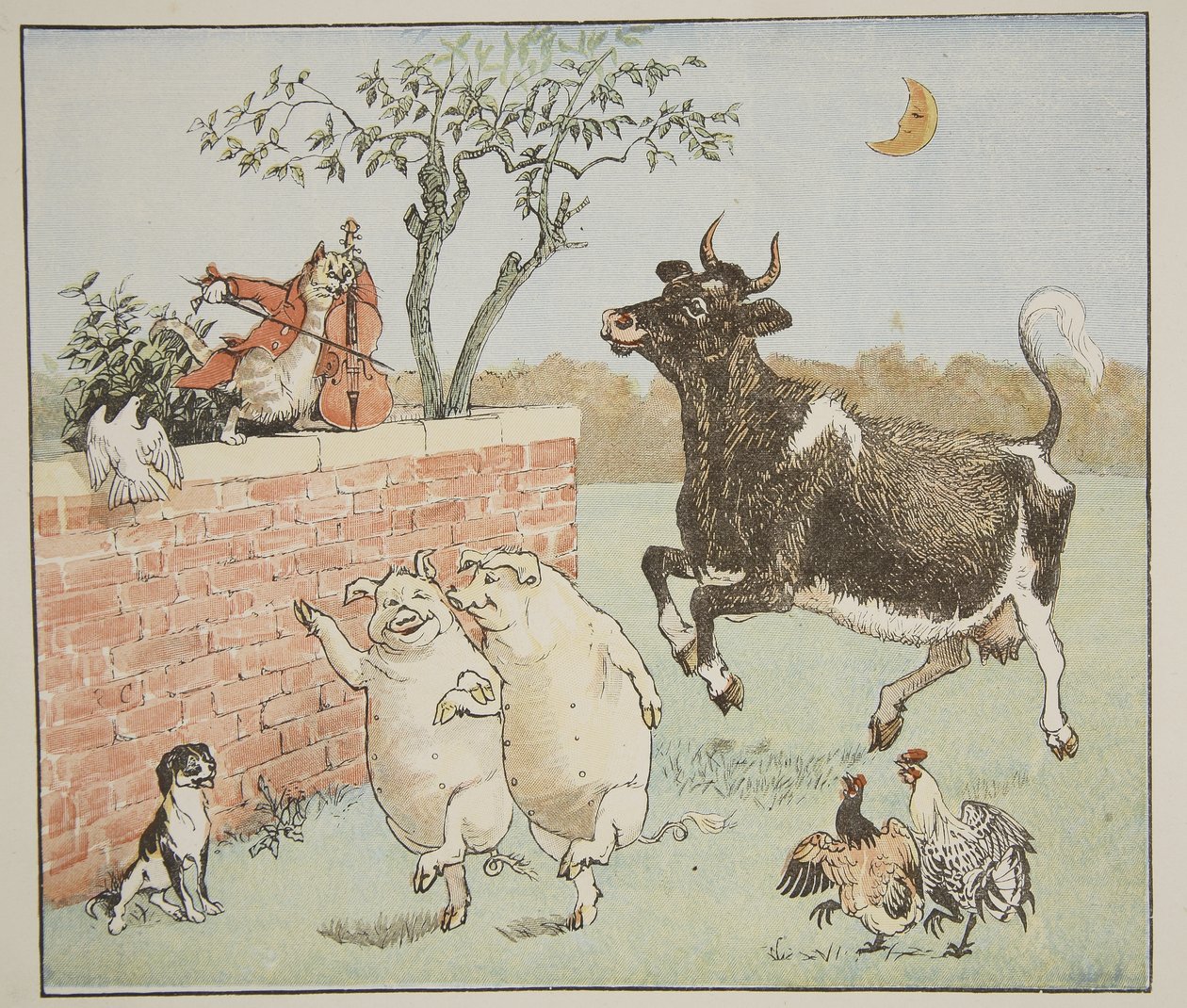Kedi ve Keman, 'Hey Diddle Diddle ve Bye, Baby Bunting'den bir çizim, 1882 by Randolph Caldecott