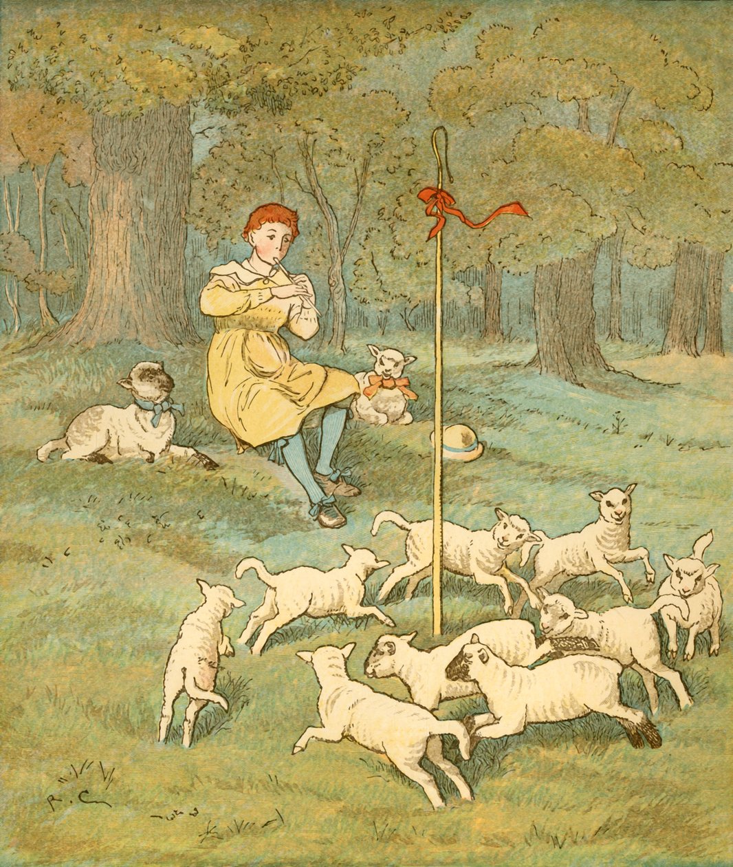 Çiftçi Çocuk, kuzular çobanlarının etrafında dans ederken piposunu çalıyor, c1881. by Randolph Caldecott