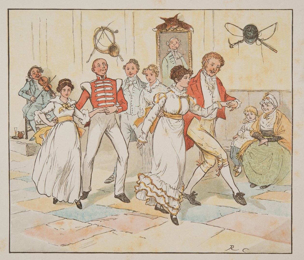 Asker ve Gelini, The Hey Diddle Diddle Resimli Kitaptan, pub.1882 (renkli gravür) by Randolph Caldecott
