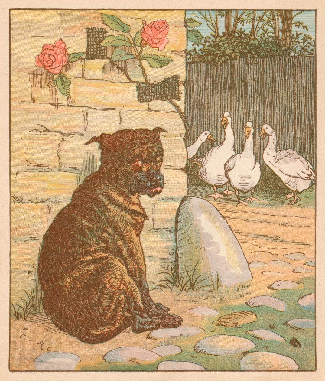 Kediyi endişelendiren köpek..., c1878. by Randolph Caldecott