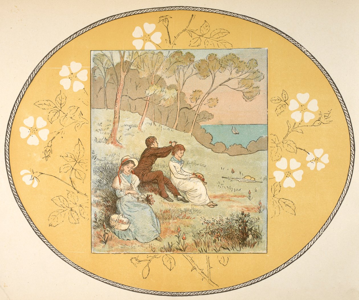 Sahile yakın bir açıklıkta oturan iki kadın ve bir adam. Çiçek sınır. by Randolph Caldecott