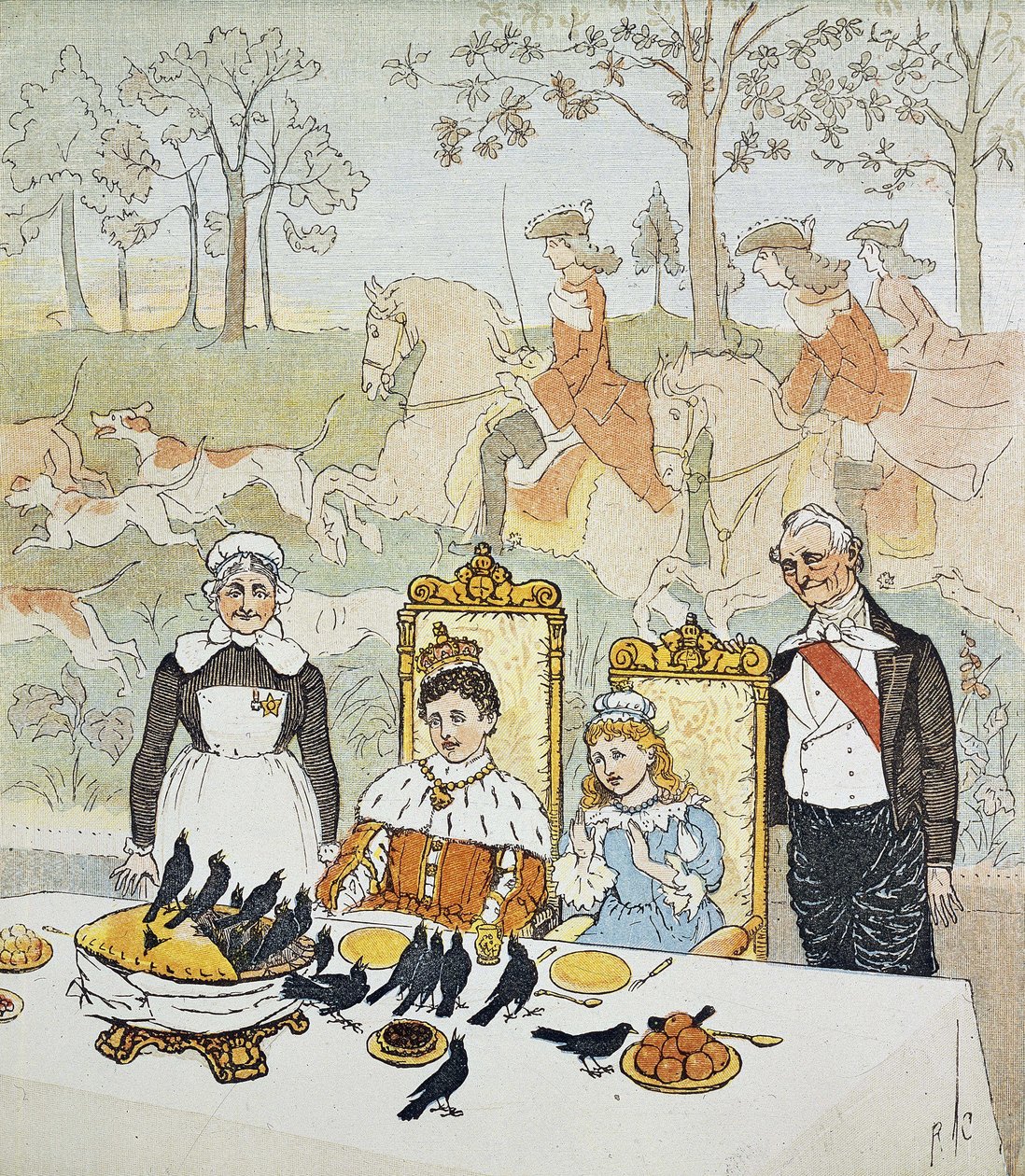 Hizmetçilerle çevrili masada oturan bir kral ve bir kraliçe, arkalarında bir av sahnesi. Randolph Caldecott (1846-1886) tarafından yazılan "Resimli Kitap"tan Levha 14. 1879. The British Library Institution Referans: Shelfmark ID: 12805.s.17 A Kin by Randolph Caldecott