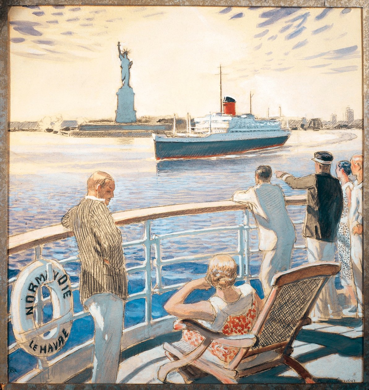fransa, amboise, buharlı gemi normandie'nin ilk seferi, new york limanına giriş, suluboya by Raoul Du Gardier
