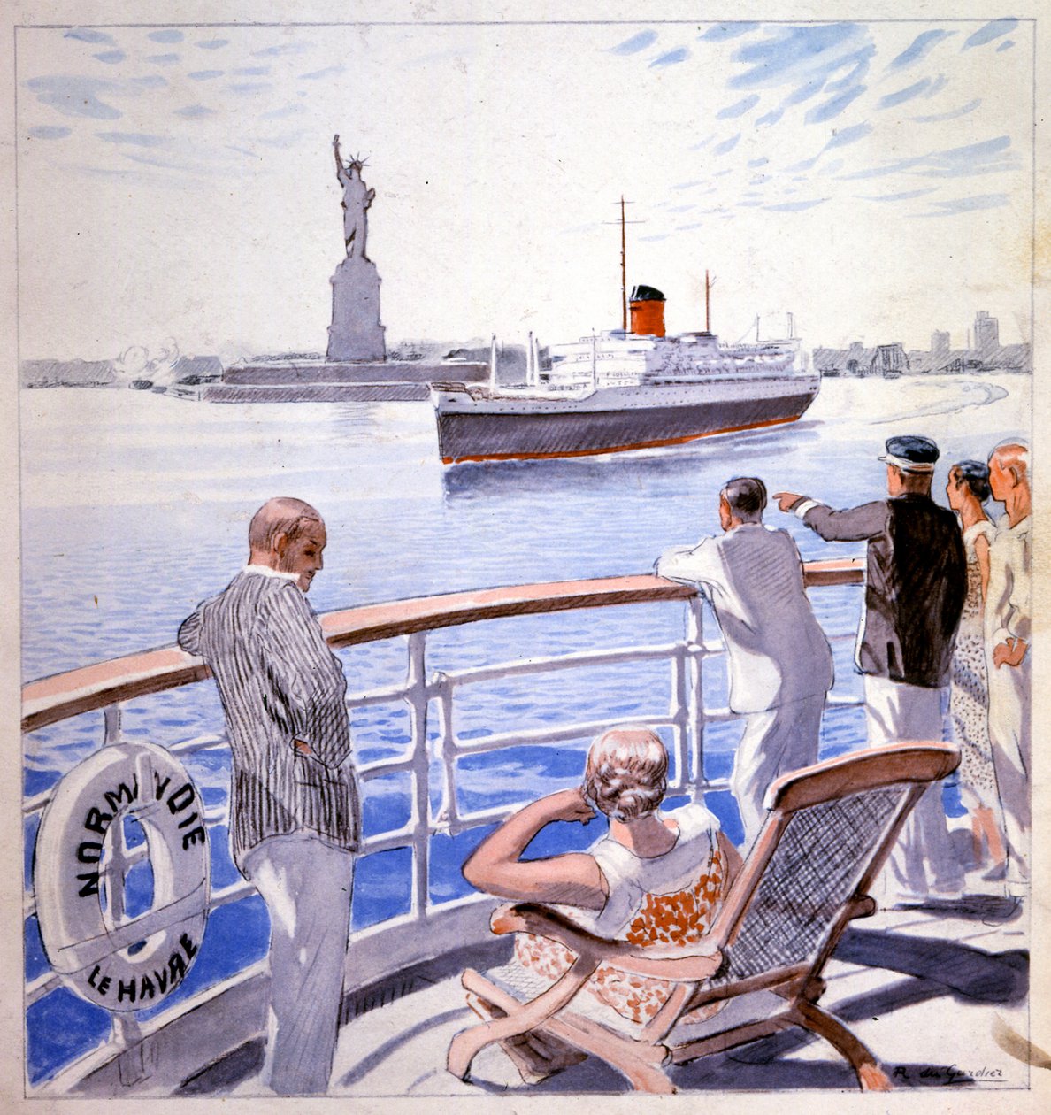 Ulaşım. Deniz. Transatlantik Le Normandie'nin New York limanına varışı. Raoul du Gardier'in illüstrasyonu by Raoul Du Gardier