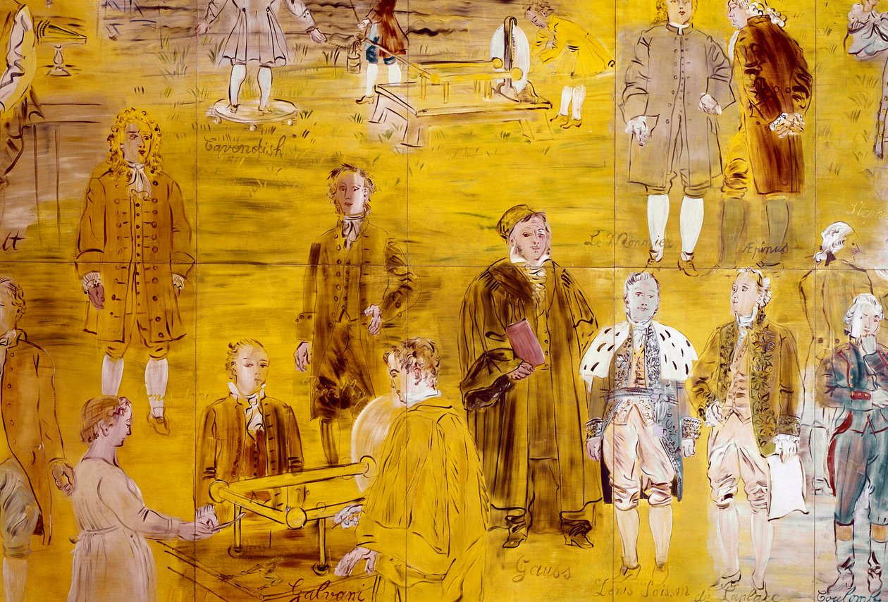 La Fee Electricite, detay: Farklı bilim adamlarının portreleri: Henry Cavendish, Le Monnier, Franz Aepinus, Denis Papin, Joseph Priestley, Luigi Galvani, Carl Friedrich Gauss, Simeon-Denis Poisson, Pierre Simon de Laplace ve Charles de Coulomb. 1937 (boya by Raoul Dufy