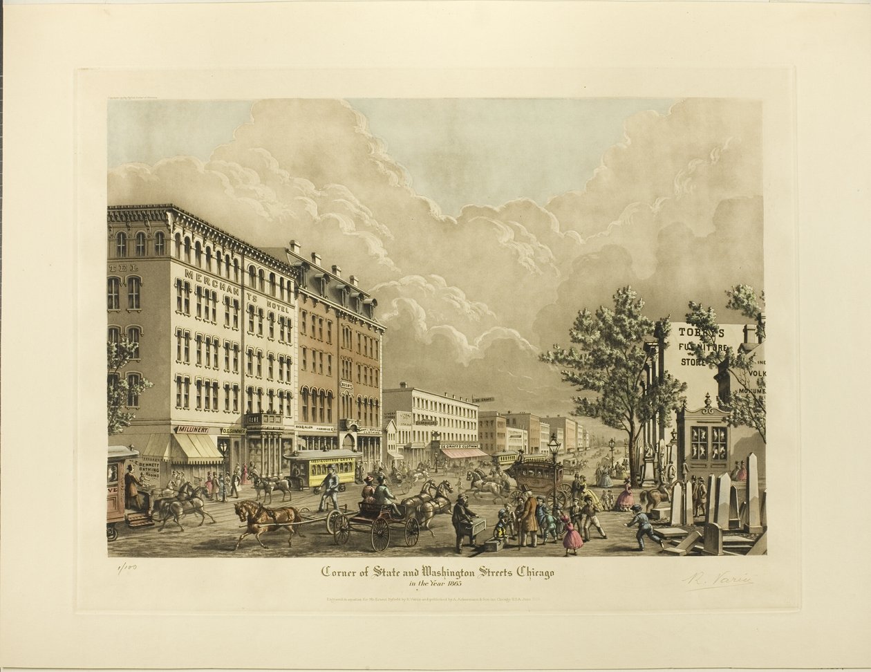 Eyalet Köşesi ve Washington Streets, Chicago, Yıl 1865 by Raoul Varin