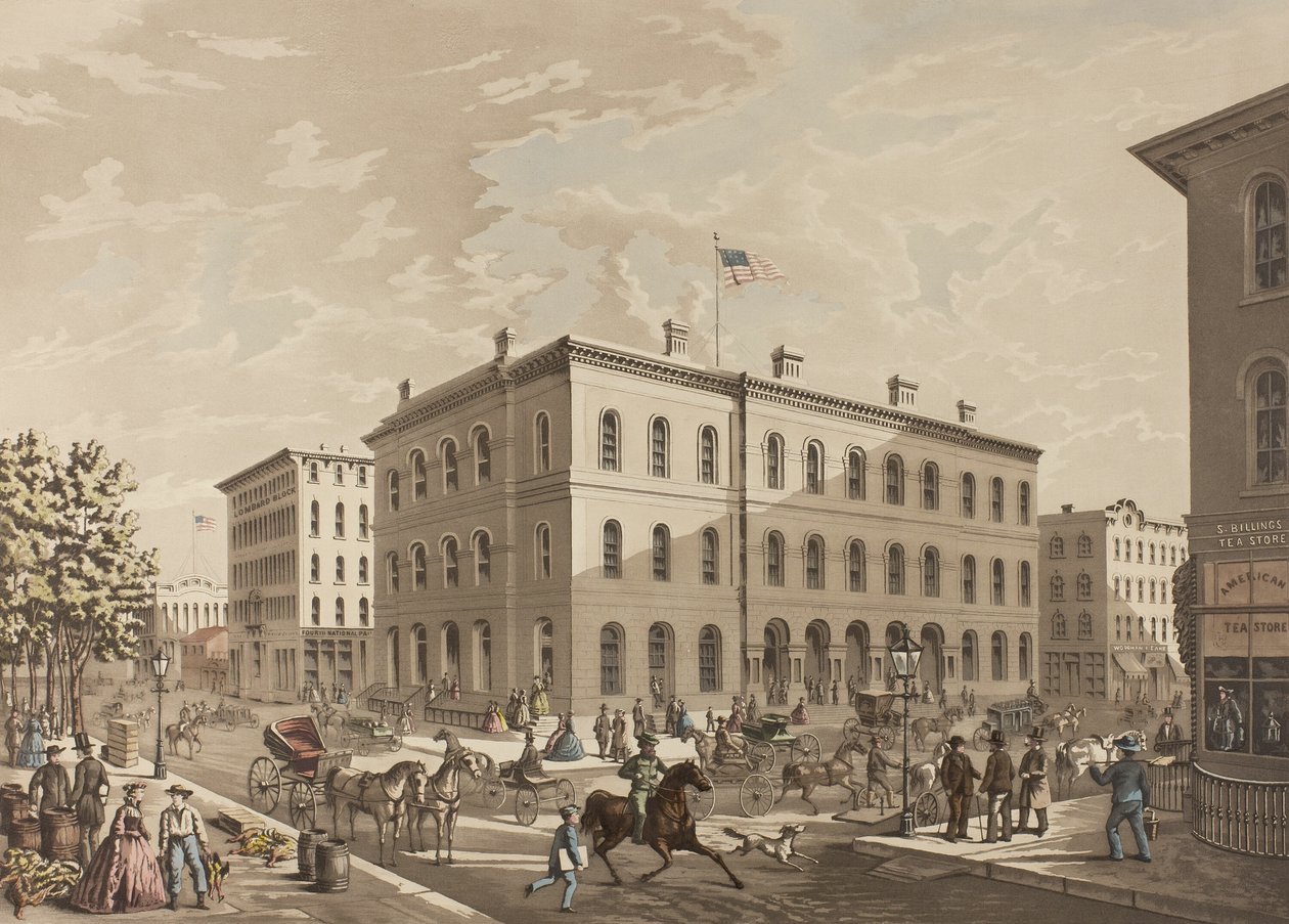 KB Dearborn ve Monroe Sokaklarının Köşesi, Chicago, 1865 Yılında Postane Binasını Gösteriyor by Raoul Varin