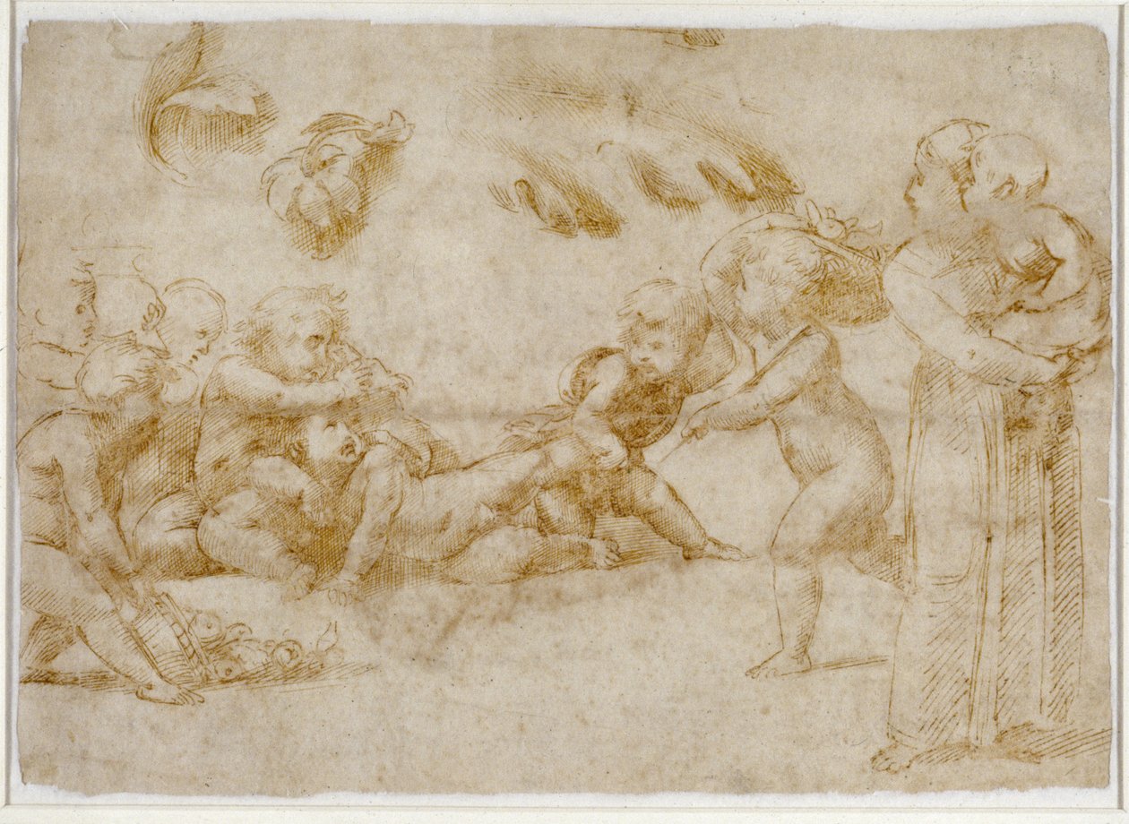 Amorini at Play (beyaz kağıda kalem ve kahverengi mürekkep) by Raffaello Sanzio Raphael