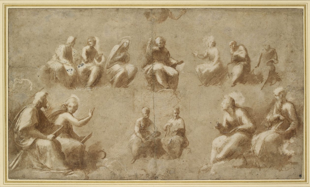 İsa ve Azizler Zaferde (İtiraz için Çalışma) (kahverengi mürekkeple fırça çizimi) by Raffaello Sanzio Raphael