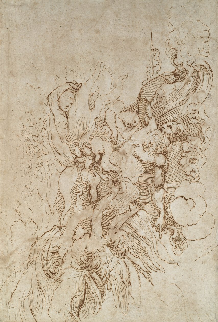 Meleklerin katıldığı alevli bir Bulutta Yehova (recto) (beyaz kağıt üzerine kalem ve kahverengi mürekkep) by Raffaello Sanzio Raphael