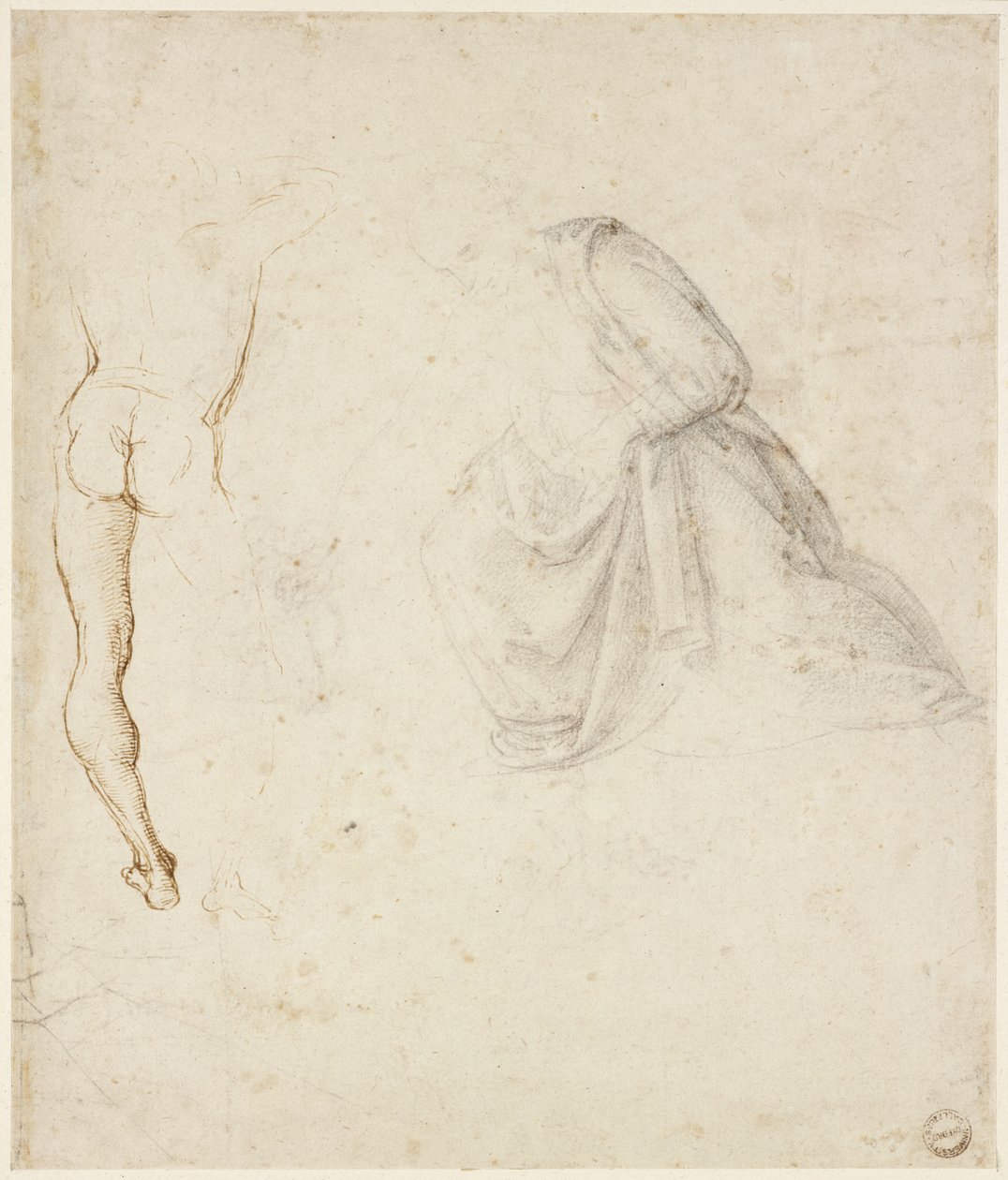 Recto: Signorelli'den sonra ayakta duran bir adamın arkadan görünümü; diz çökmüş bir figürün perdesi, WA1846.145 by Raffaello Sanzio Raphael