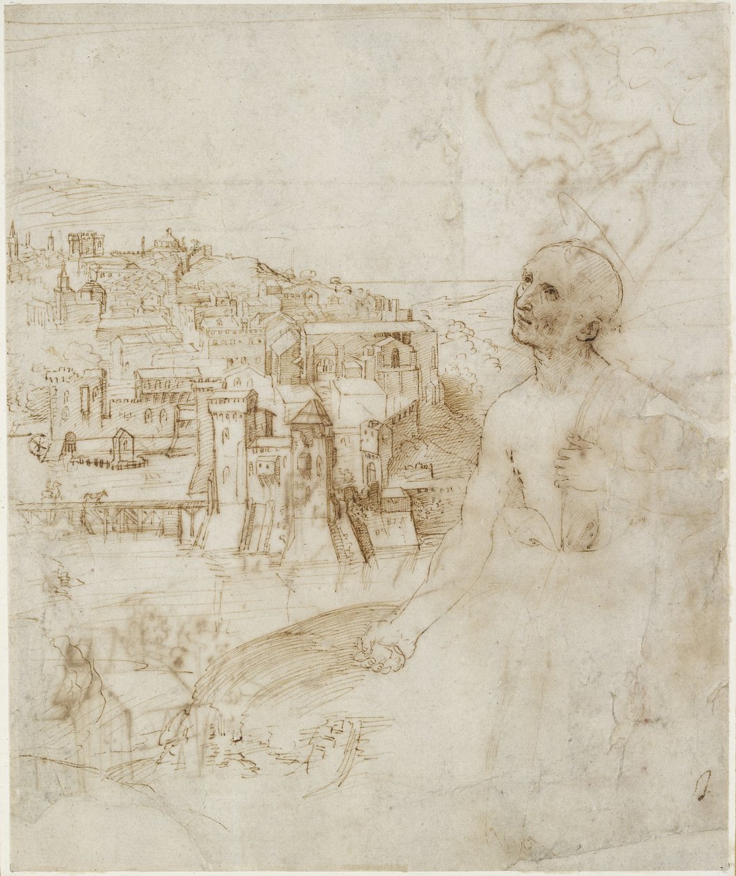 Recto: Ön planda Penitent St Jerome ile Perugia şehrinin görünümü, WA1846.10 by Raffaello Sanzio Raphael