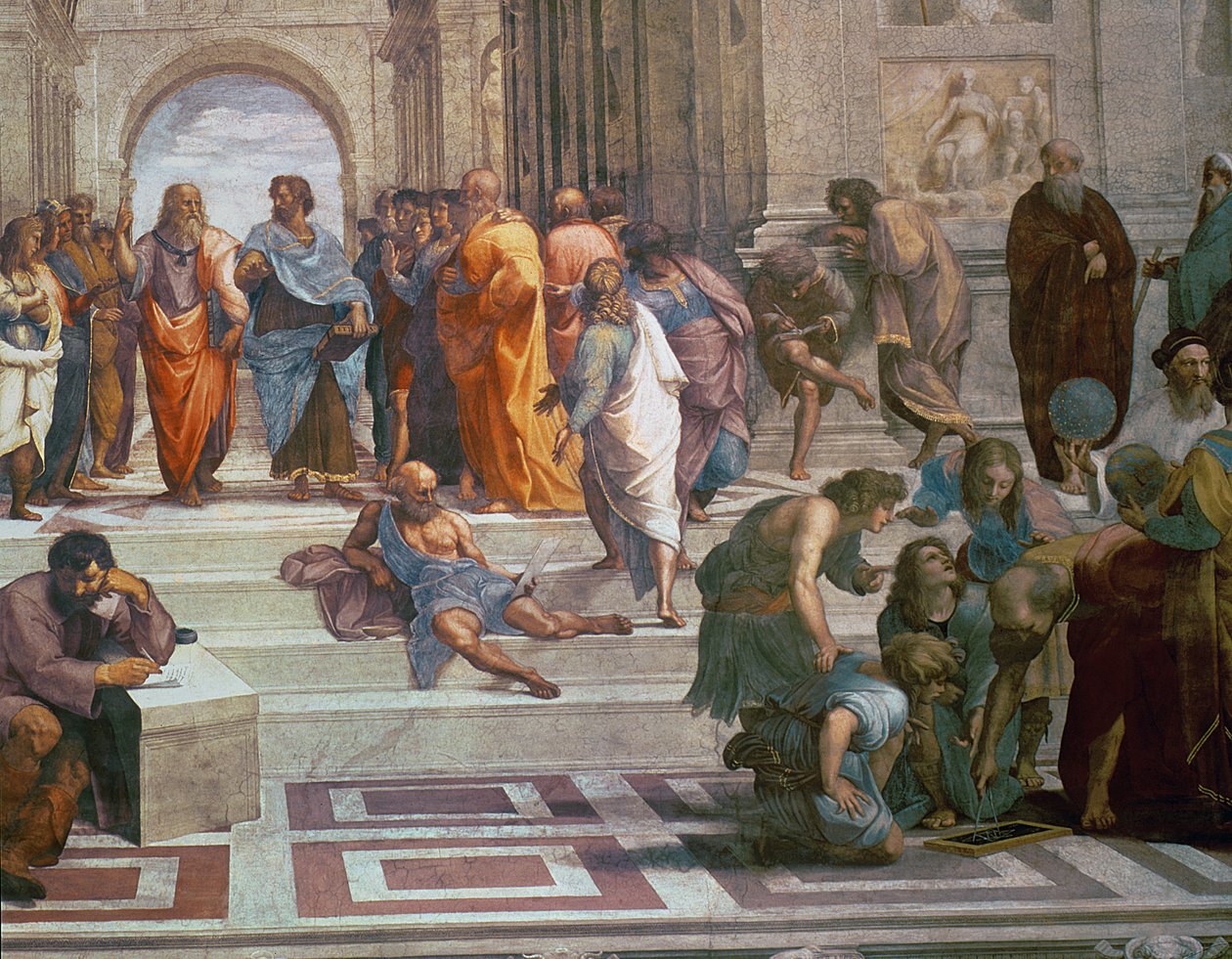 Atina Okulu, sağ taraftan basamaklarda Diogenes