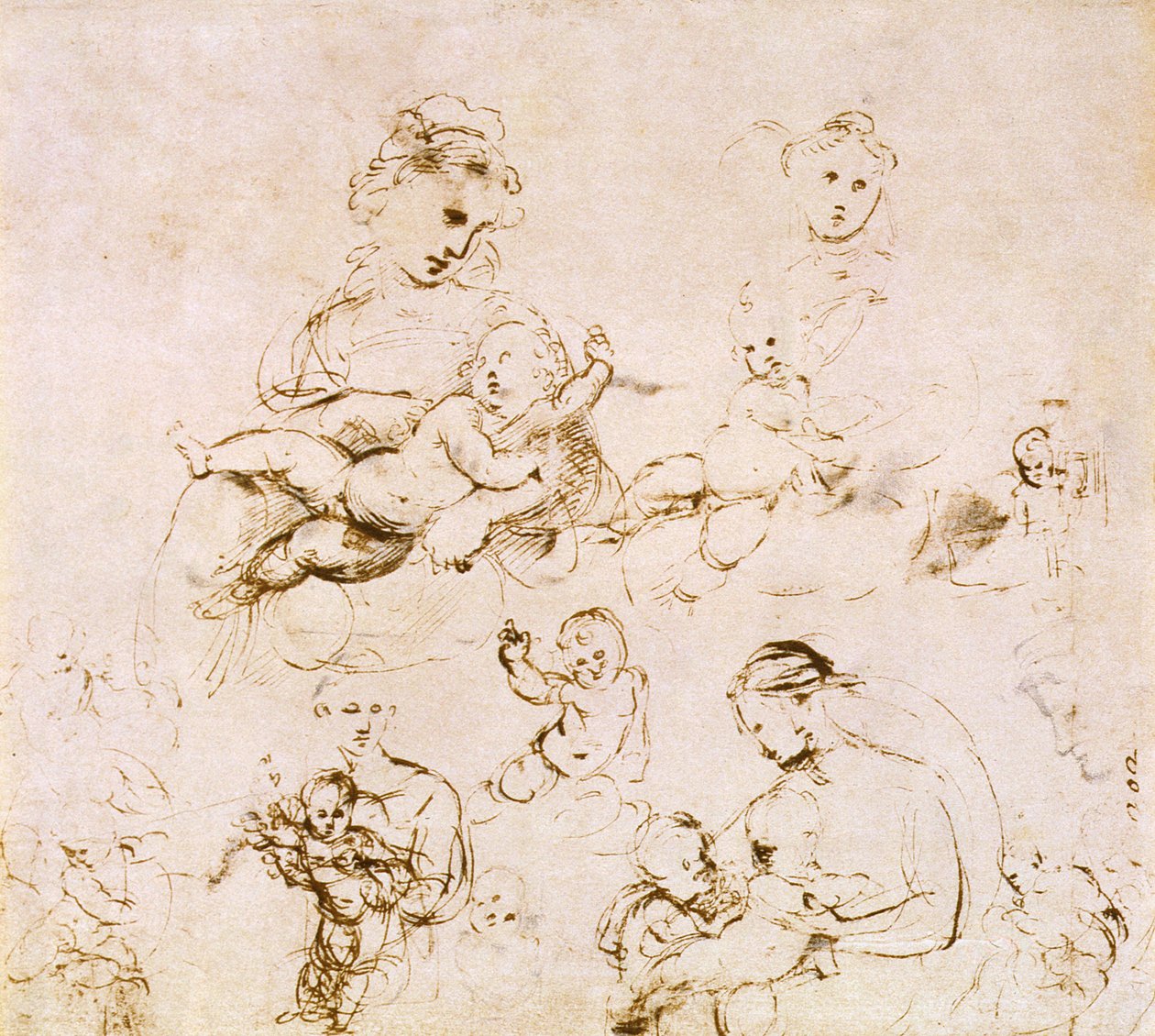 Madonna ve Çocuk üzerine çeşitli çalışmalar (kalem ve mürekkep) by Raffaello Sanzio Raphael