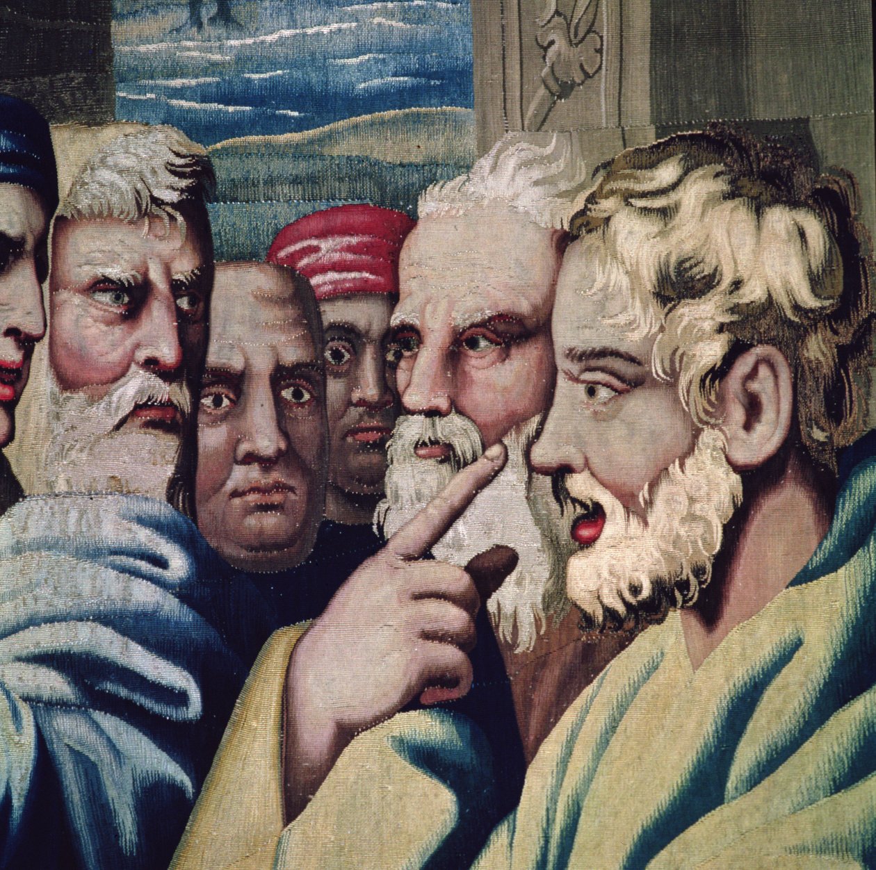 Philippe Behagle yönetimindeki Beauvais Atölyesi'nde dokunan Havarilerin İşleri, Elymas'ın Kör Edilmesini hayrete düşüren detay detayını gösteren goblen, 1641-1705, 1695-98 yün bant by Raffaello Sanzio Raphael