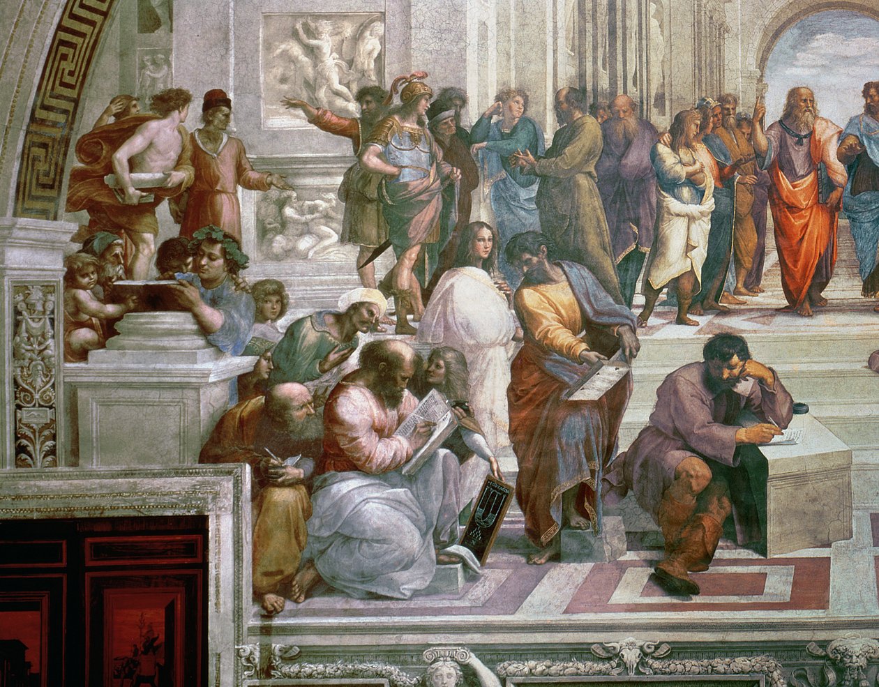 Atina Okulu, öğrenciler ve Michelangelo ile çevrili Pisagor