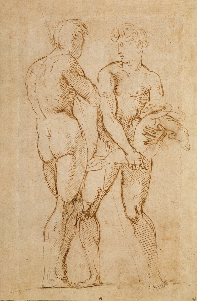 Ayakta duran, bir kuzu tutan iki çıplak adam by Raffaello Sanzio Raphael