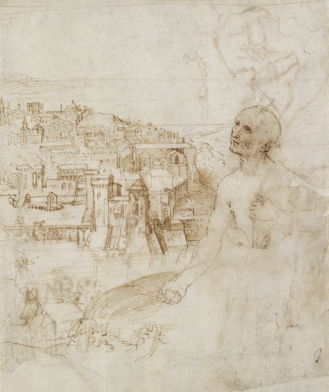 Ön planda tövbekar St Jerome ile Perugia şehrinin görünümü, 1504 (beyaz kağıt üzerine kalem ve kahverengi mürekkep) by Raffaello Sanzio Raphael