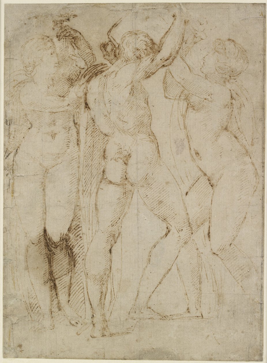 Vintagers Grubu, WA1846.165 (kirli beyaz kağıt üzerinde kalem ve kahverengi mürekkep) by Raffaello Sanzio Raphael
