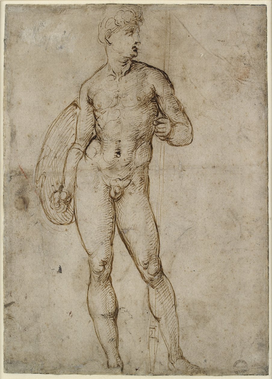 Recto: A Youthful Warrior, WA1846.163 (kalem ve kahverengi mürekkep, bazı muhtemelen alakasız kör ekran kalemi işaretleri) by Raffaello Sanzio Raphael