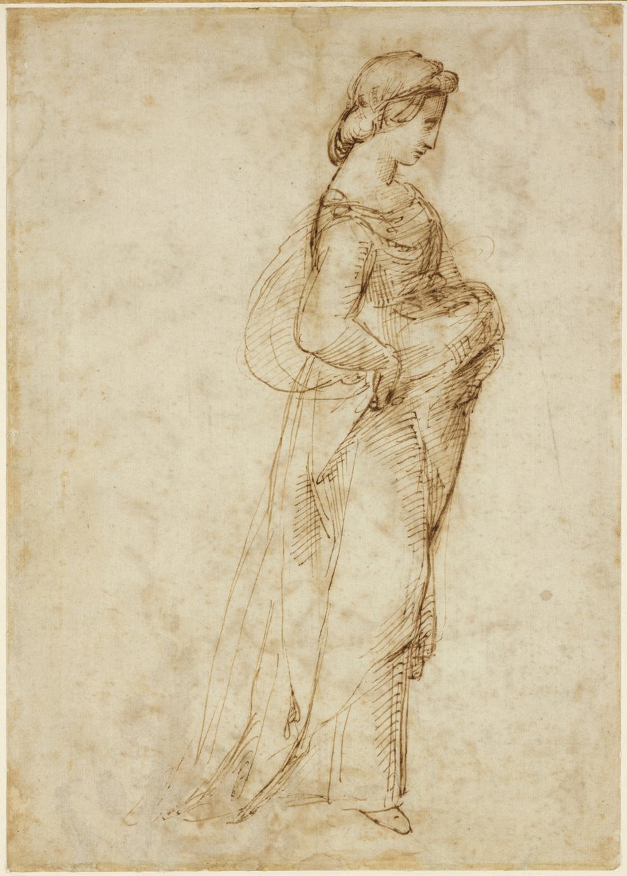 Recto: Sağa yürüyen kadın figürü, WA1846.169 (ön nokta üzerinde kalem ve kahverengi mürekkep) by Raffaello Sanzio Raphael